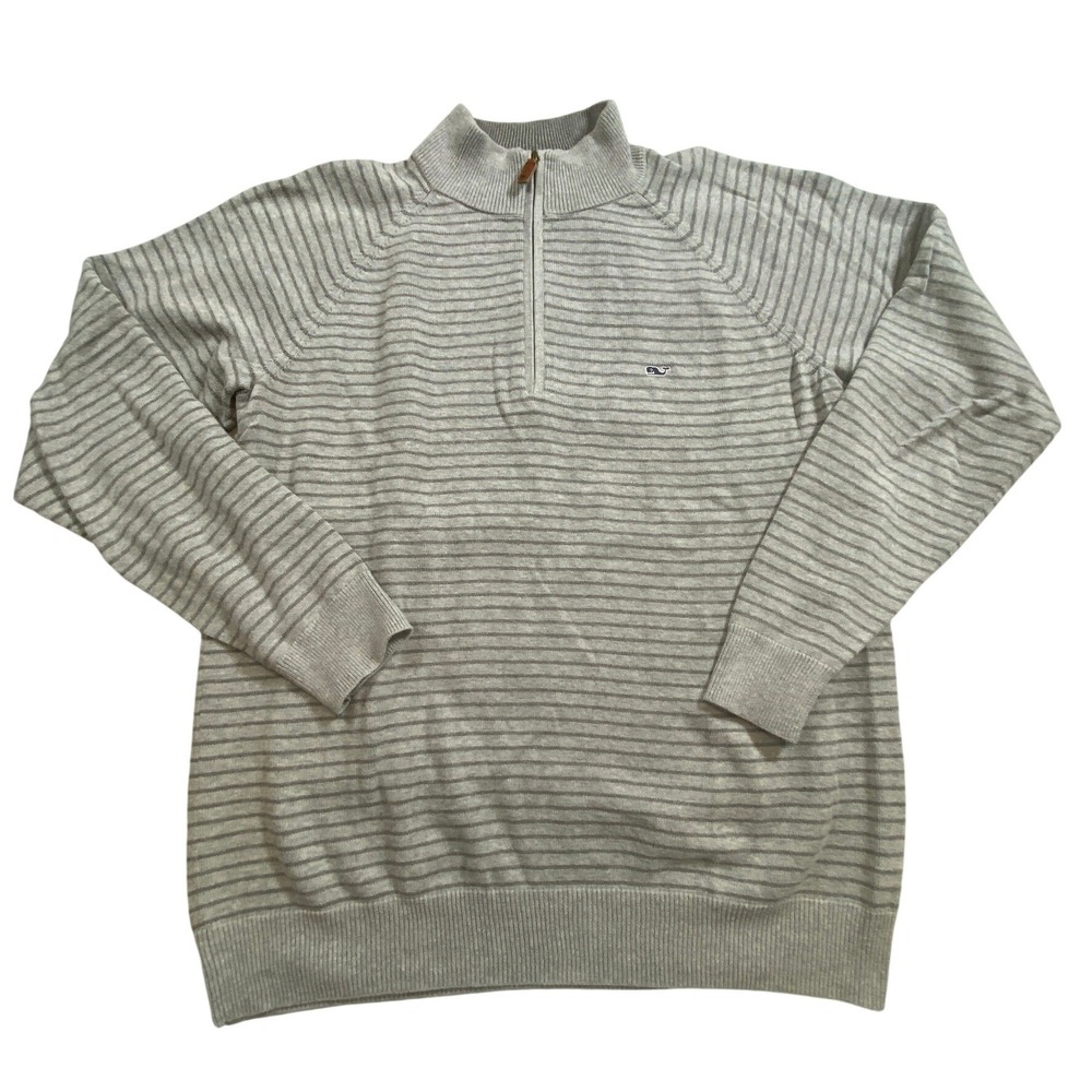 Vineyard Vines Striped‎ Quarter Zip Sweater Mens Large Gray Cotton Pullover - Picture 2 of 8